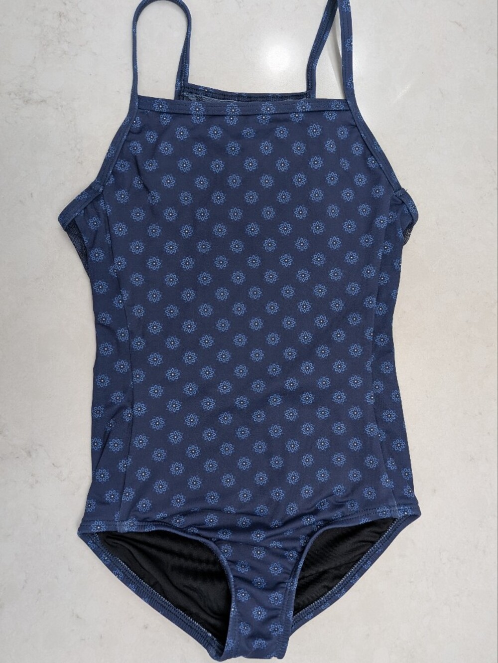 Baltogs Navy Blue Geometric Floral Strappy Mesh Back Leotard - Size Medium Child